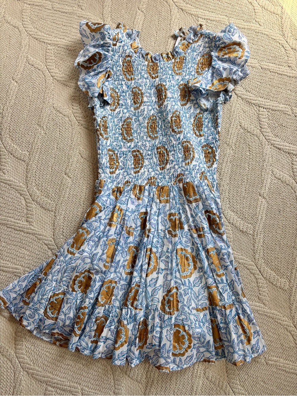 Oliphant Blue & Gold Floral Smocked Ruffle Dress